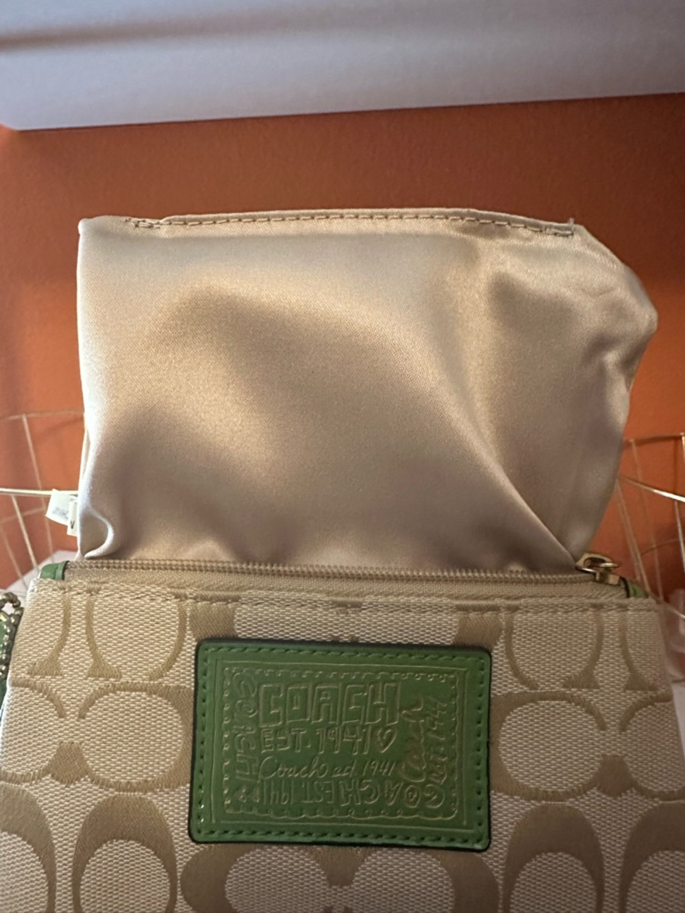COACH Poppy Signature Print Tan/Apple Green Canvas Wristlet - Picture 7 of 12